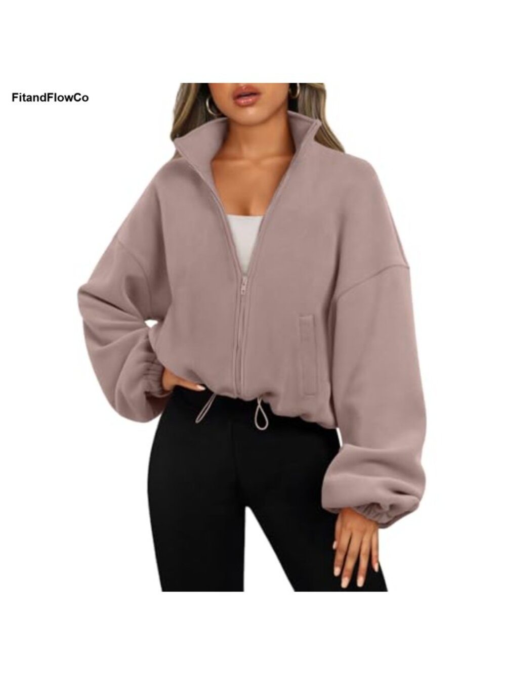 Womens Fleece Zip Up Oversized Cropped Sweatshirt Jacket